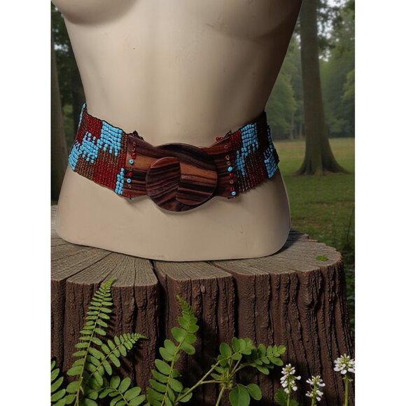 Wide Belt Stretch Blue Red Brown Beaded Boho Tribal Stretchy Wooden Buckle 28\